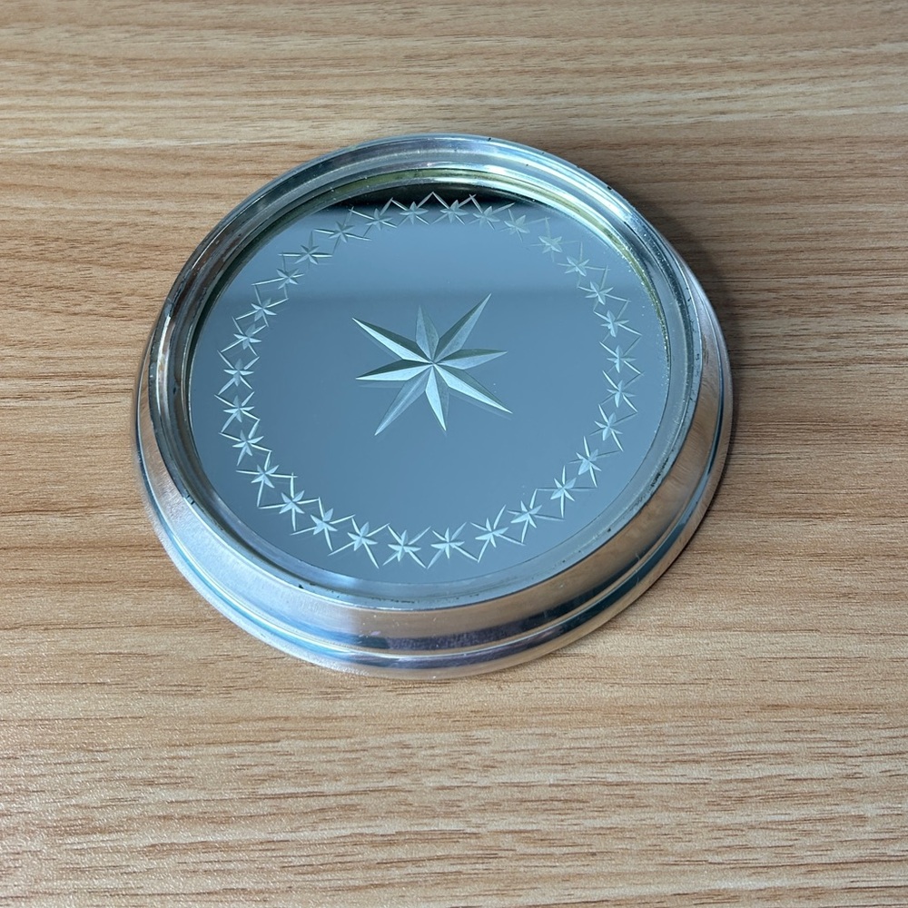 White Barn Co. Silver Star Burst Mirror Candle Wine Bottle Coaster Etched